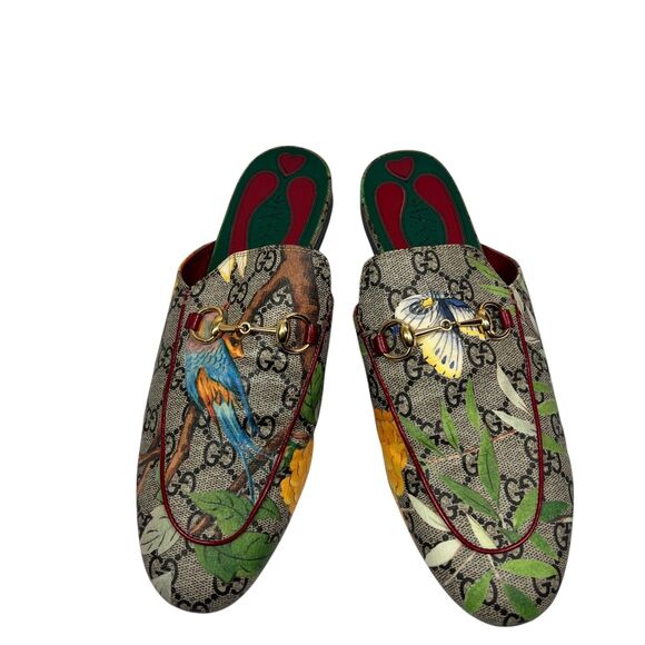 Gucci Princetown Tian GG Canvas Horsebit Mules Floral Bird Slip-On Designer 39.5 - Picture 3 of 12